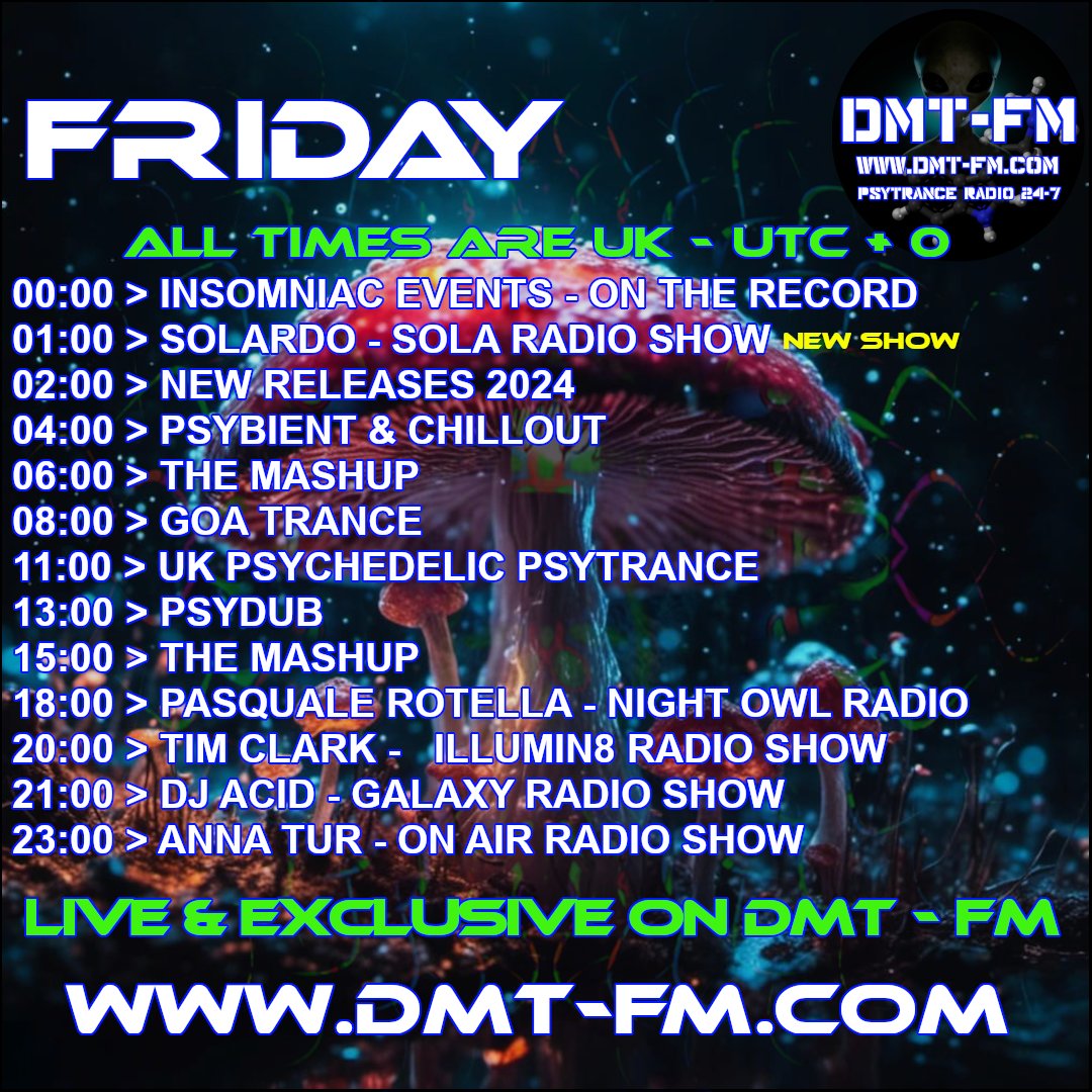 Shows on DMT FM on Friday 03/05/2024 - DMT FM - Psytrance Radio Broadcasting 24/7
dmt-fm.com
#psytrance #dance #music #edm #psybient #goa #psybreaks #psydub #forest #darkpsy #hitech #fullon #progressivepsy #psytrancefamily #psytrancefestival #psytrancelove