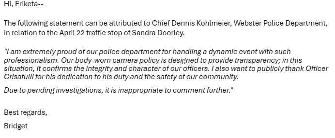 JUST IN: Statement from Webster Police Chief Dennis Kohlmeier. Provided to me by the town communication director. @news10nbc