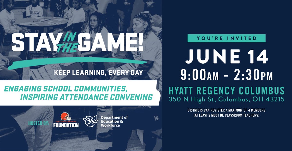 ENGAGING SCHOOL COMMUNITIES ∙ INSPIRING ATTENDANCE Schools seeking to strengthen attendance and engagement are invited to register for this event being held June 14 in Columbus. Details: education.ohio.gov/Media/Ed-Conne… #StayInTheGame