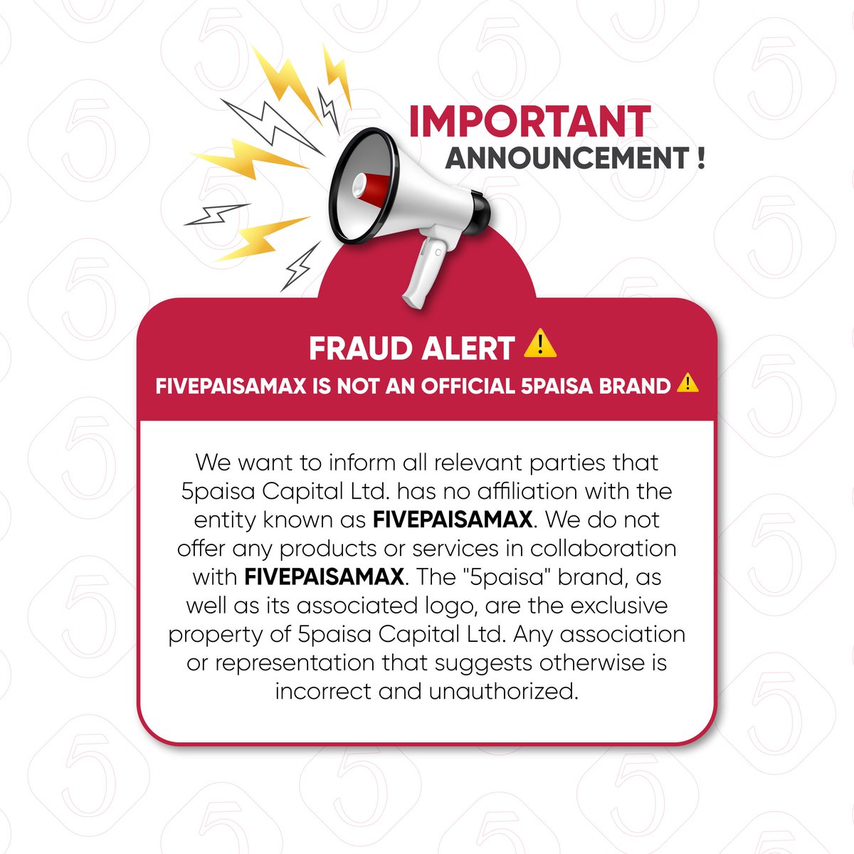 At 5paisa, the safety and security of our customers is our utmost priority. We urge that you all stay vigilant against such fraudulent activities.

#StayVigilant #StaySafe
