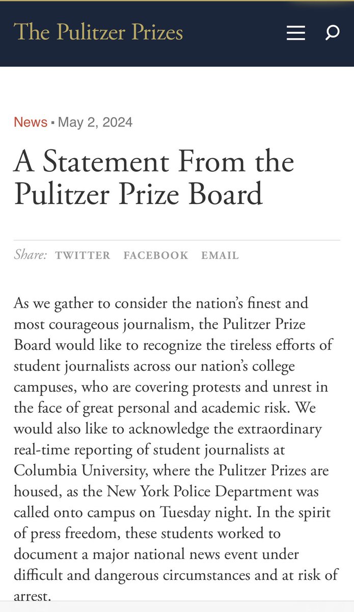 “The Pulitzer Prize Board would like to recognize the tireless efforts of student journalists across our nation’s college campuses, who are covering protests and unrest in the face of great personal and academic risk.”