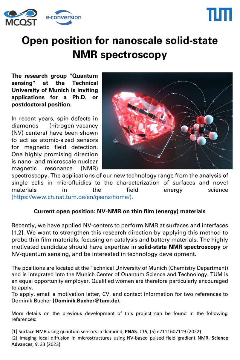 Please repost 🙏 
We have an open position for a solid state NMR spectroscopist at the interface of energy materials and quantum technologies. Within the project the candidate will develop novel NV-based NMR methods to probe thin film battery materials and catalysts.