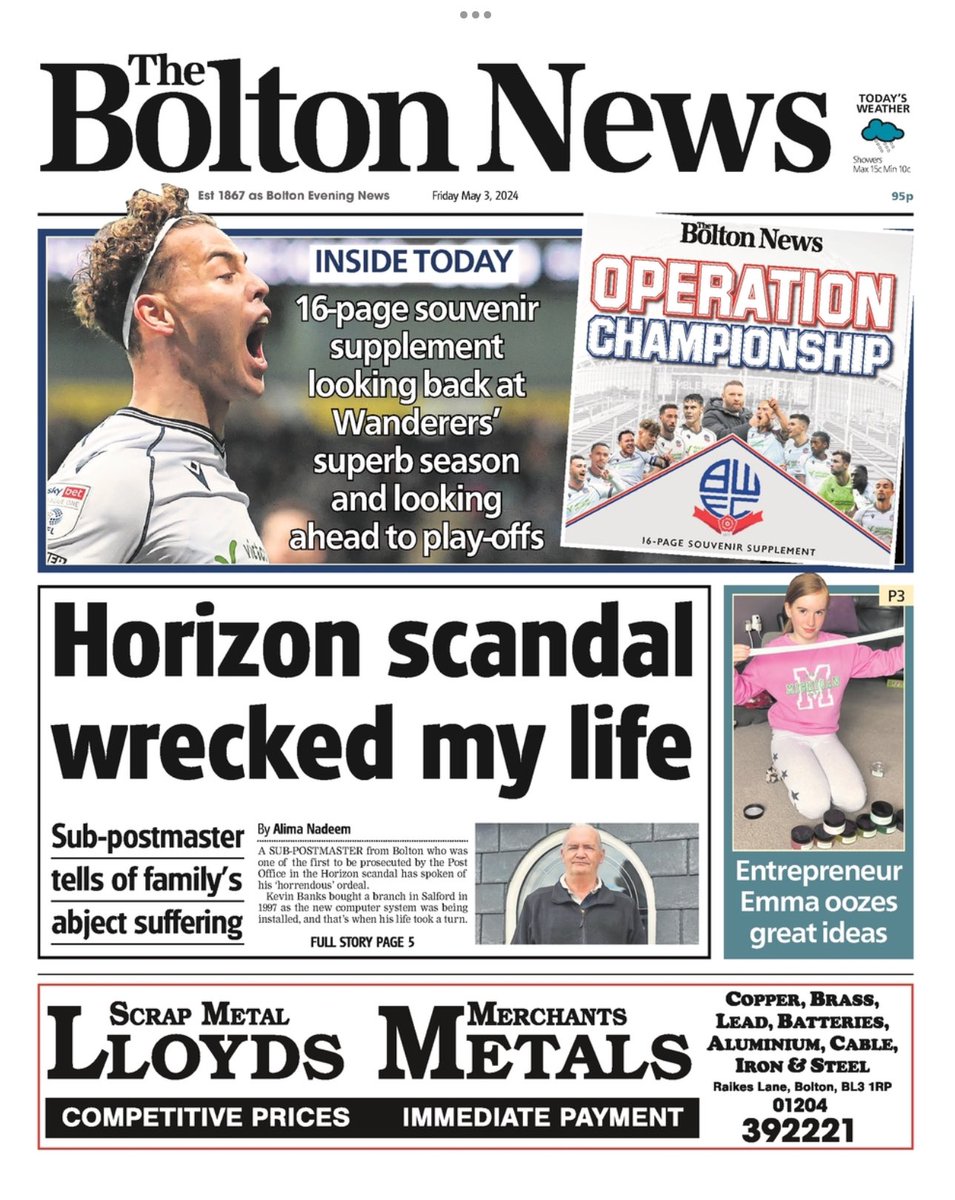 Introducing #TomorrowsPapersToday from:

#TheBoltonNews 

Horizon scandal wrecked my life 

Check out tscnewschannel.com/2024/04/28/tom… for a full range of newspapers.

#buyanewspaper  #TomorrowsPapersToday #buyapaper #pressfreedom #journalism