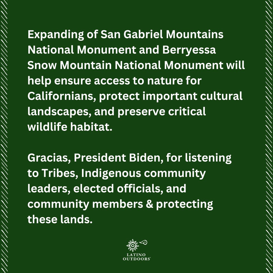 BIG NEWS: President Biden Expands San Gabriel Mountains National Monument and Berryessa Snow Mountain National Monument! What does this mean? It means: 🌳 Access to nature for Californians 💚 Cultural landscapes protected 🪶Wildlife habitat preserved Gracias @POTUS!