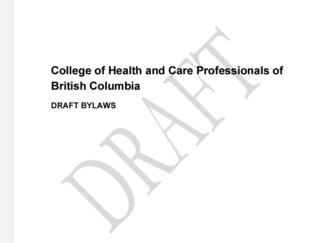 PTCollegeBC's tweet photo. Draft bylaws for the College of Health and Care Professionals of BC are available for public feedback until June 14. 

On June 28, 2024, CPTBC and six other regulatory health colleges will amalgamate.

More info is available at the new college's website:  https://t.co/H43IVHD3pd https://t.co/HTTaff1eOC