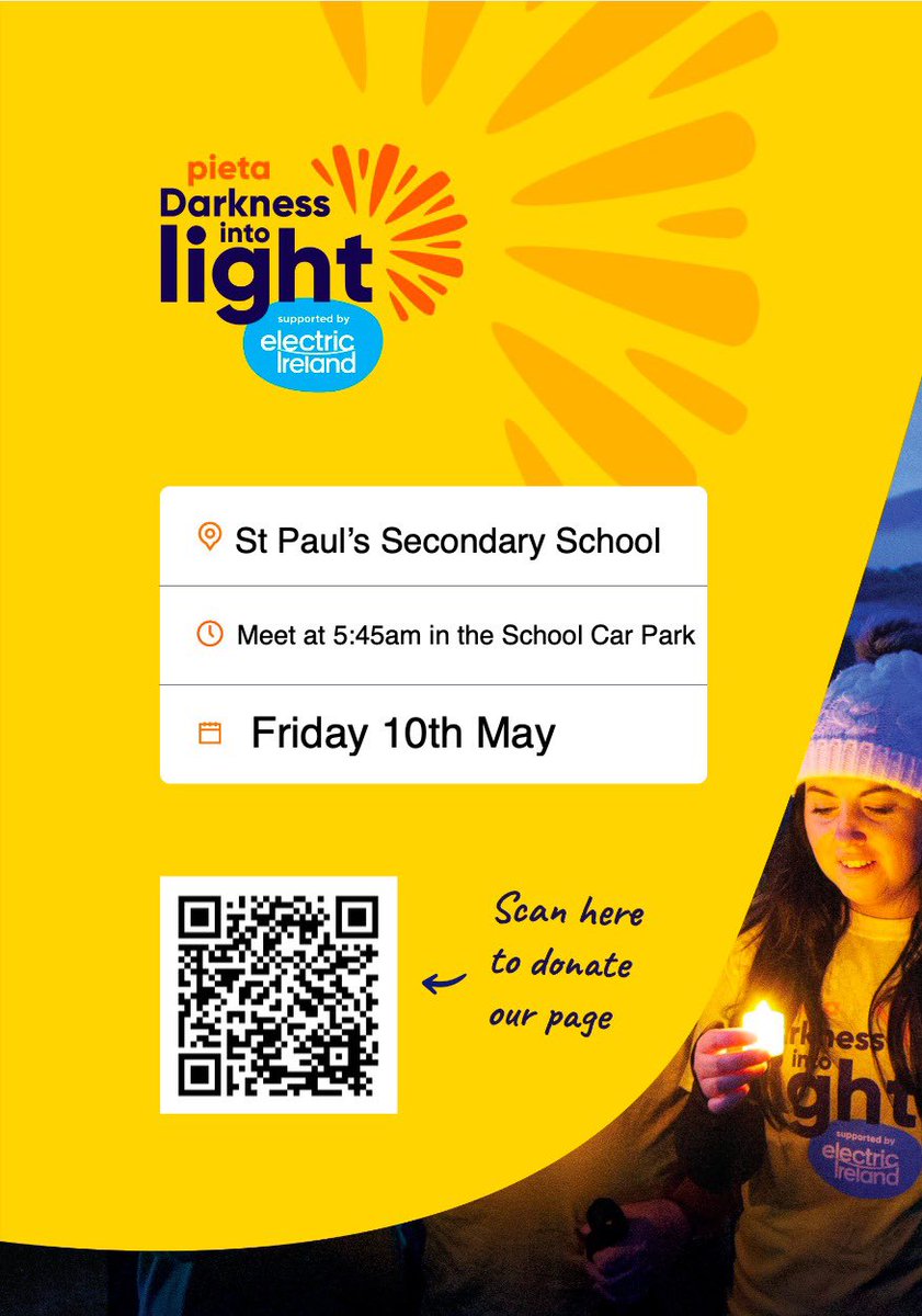 Our TY Mini Company classes are organising our own DIL walk on Friday 10th May. We would appreciate any support, all funds are going towards @PietaHouse See the link below to donate to @stpaulsg! darknessintolight.ie/fundraisers/St…