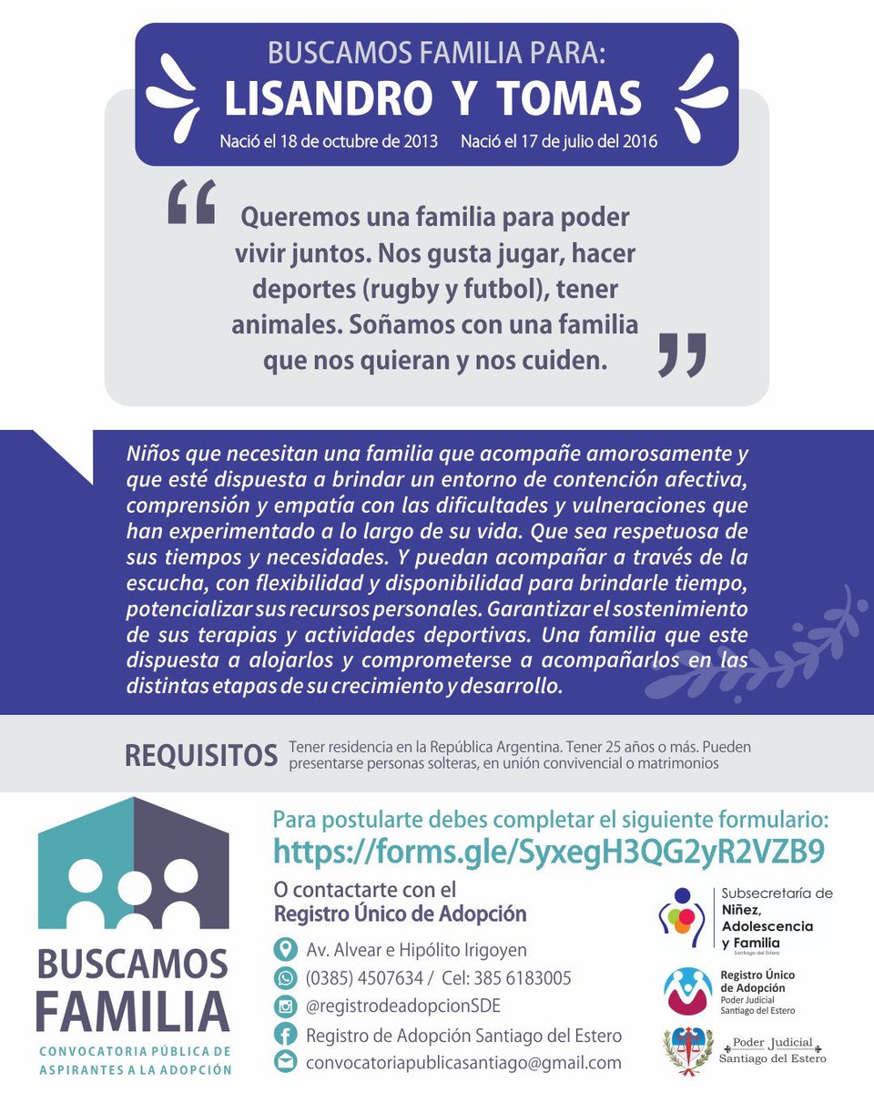 Queremos #EncontrarFamilia para Lisandro y Tomás. Te pedimos que difundas esta convocatoria. Juegan al fútbol y al rugby y tienen muchas ganas de ser parte de una familia que los ame y los cuide. Hagamos magia 💫