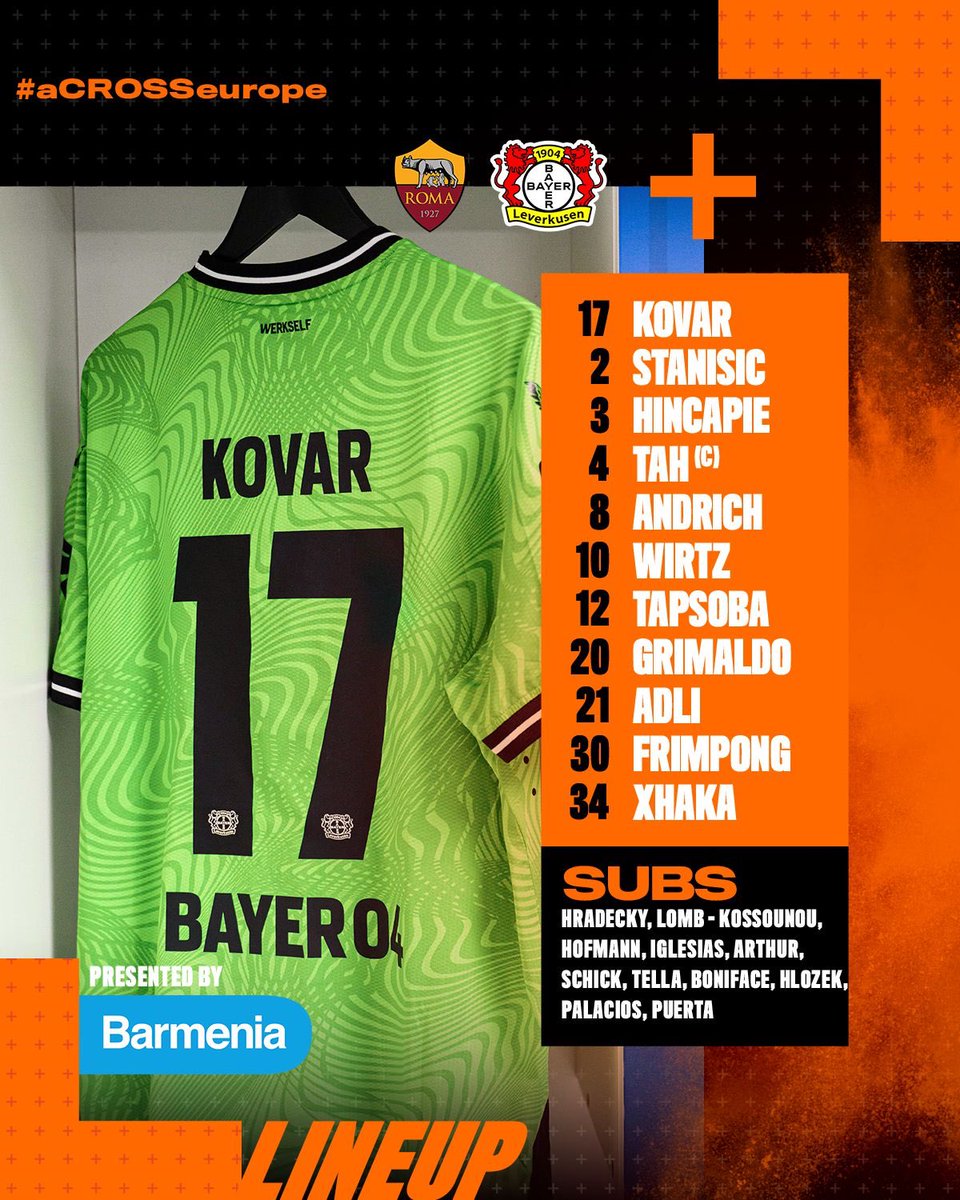 #BayernLeverkusen lineup for #asrb04 #XabiAlonso doesn't have all of his players tonight but the flanks are there with #Grimaldo and #Frimpong 
#Xhaka and #Stanisic important to keep #asroma central endeavors