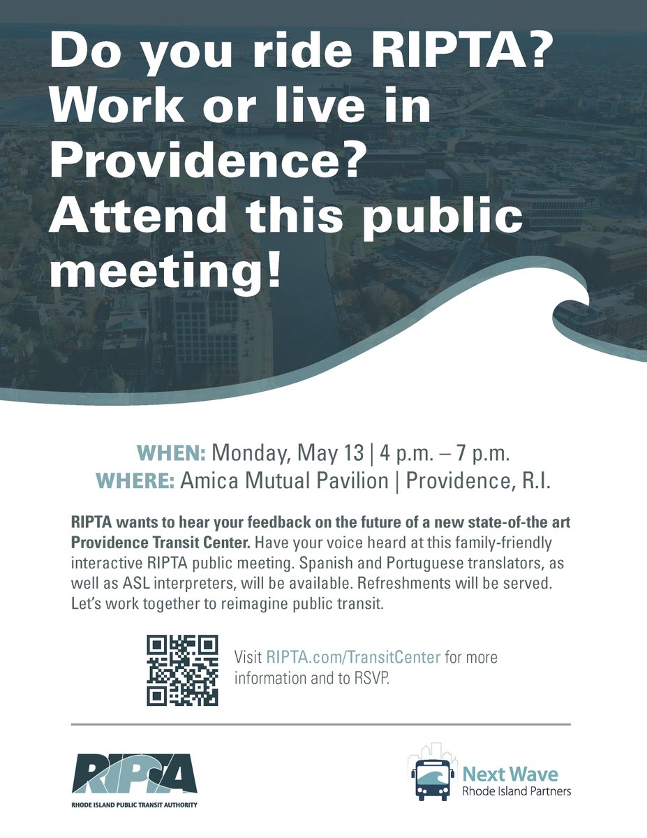 RIPTA is building a new transit center and needs YOUR input! Join us on for a public meeting on Monday, May 13 from 4pm - 7pm at @The_AMPPVD in #Providence to share your thoughts on the design, features, and location of our new and improved bus hub. RSVP: bit.ly/3wm4OJl