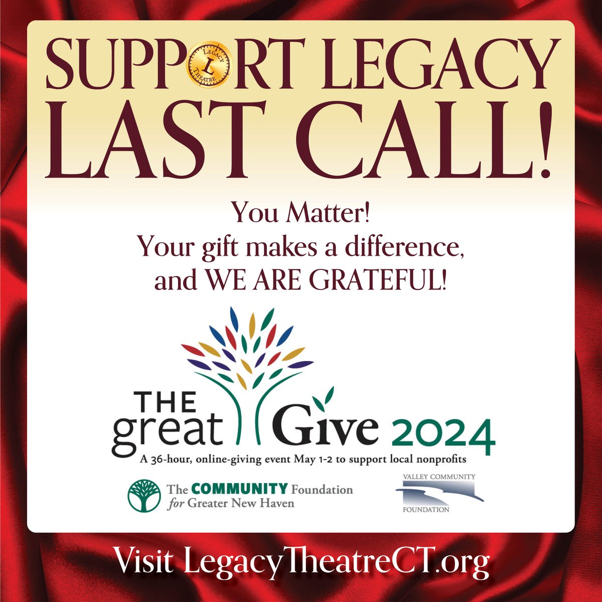 LAST CALL! Your gift to Legacy during the Great Give makes a difference, no matter how small. Make a gift to Legacy Theatre via The Great Give by 8pm!

legacytheatrect.org/greatgive

#legacytheatrect #thegreatgive #givelocal #branfordct #stonycreekct #newhavenct #greatgive2024