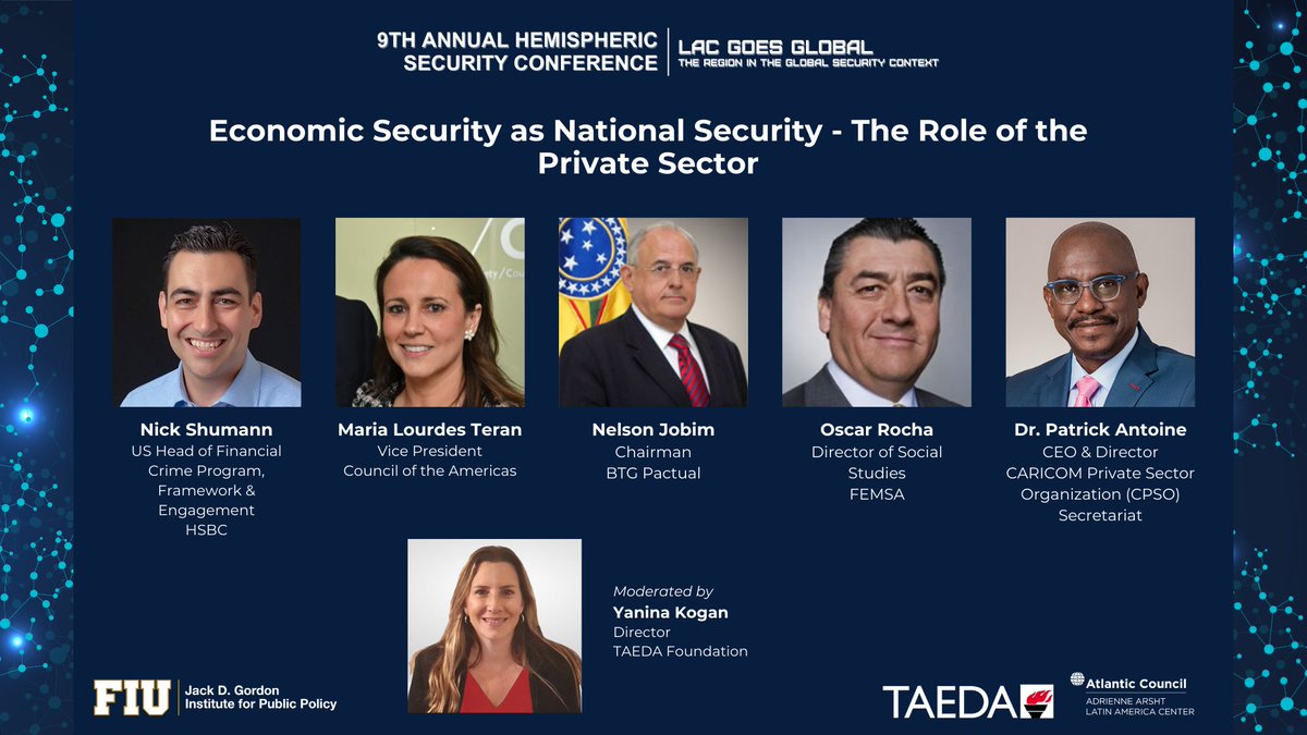 We are officially 0️⃣1️⃣ week away from #HSC2024! Moderated by Yanina Kogan @FundacionTAEDA, we'll dive into the private sector's role within the region's #NationalSecurity with Nick Shumann @HSBC, Maria Lourdes Teran #ASCOA, Nelson Jobim, Oscar Rocha @FEMSA, and Patrick Antoine!