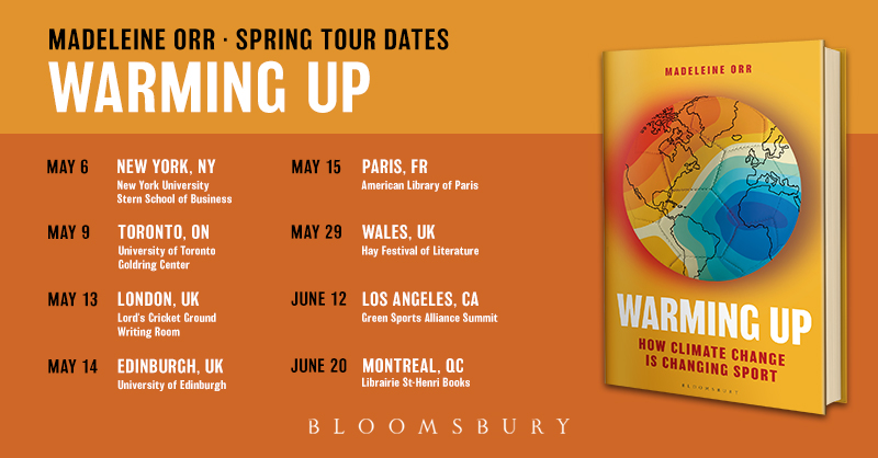 Warming Up author @maddyjorr discusses the future of sports and climate change on her international book tour this spring. First stop—NYU on Monday, May 6th. For full dates + registration links, please see: madeleineorr.com/book