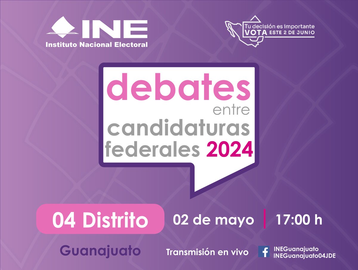 📺 ¡Sé parte de los #Debates entre candidaturas federales 2024! Participa y conoce las propuestas de las personas candidatas a la Diputación Federal por el 04 Distrito Electoral. ¡Ejerce tu #VotoInformado!