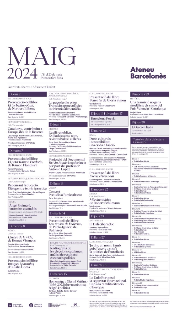 🌴 L'agenda del mes de maig, carregada de propostes culturals!

🗓️ Política, ciència i tecnologia, filosofia... i molt més!

⚡️ Amb la col·laboració de <a href="/FundlaCaixa/">Fundación ”la Caixa”</a> , <a href="/Fundacio_Damm/">Fundació Damm</a> i <a href="/FBSabadell/">Fundación Banco Sabadell</a>

👇 Descobreix totes les propostes i descarrega el calendari ateneubcn.org/sites/default/…