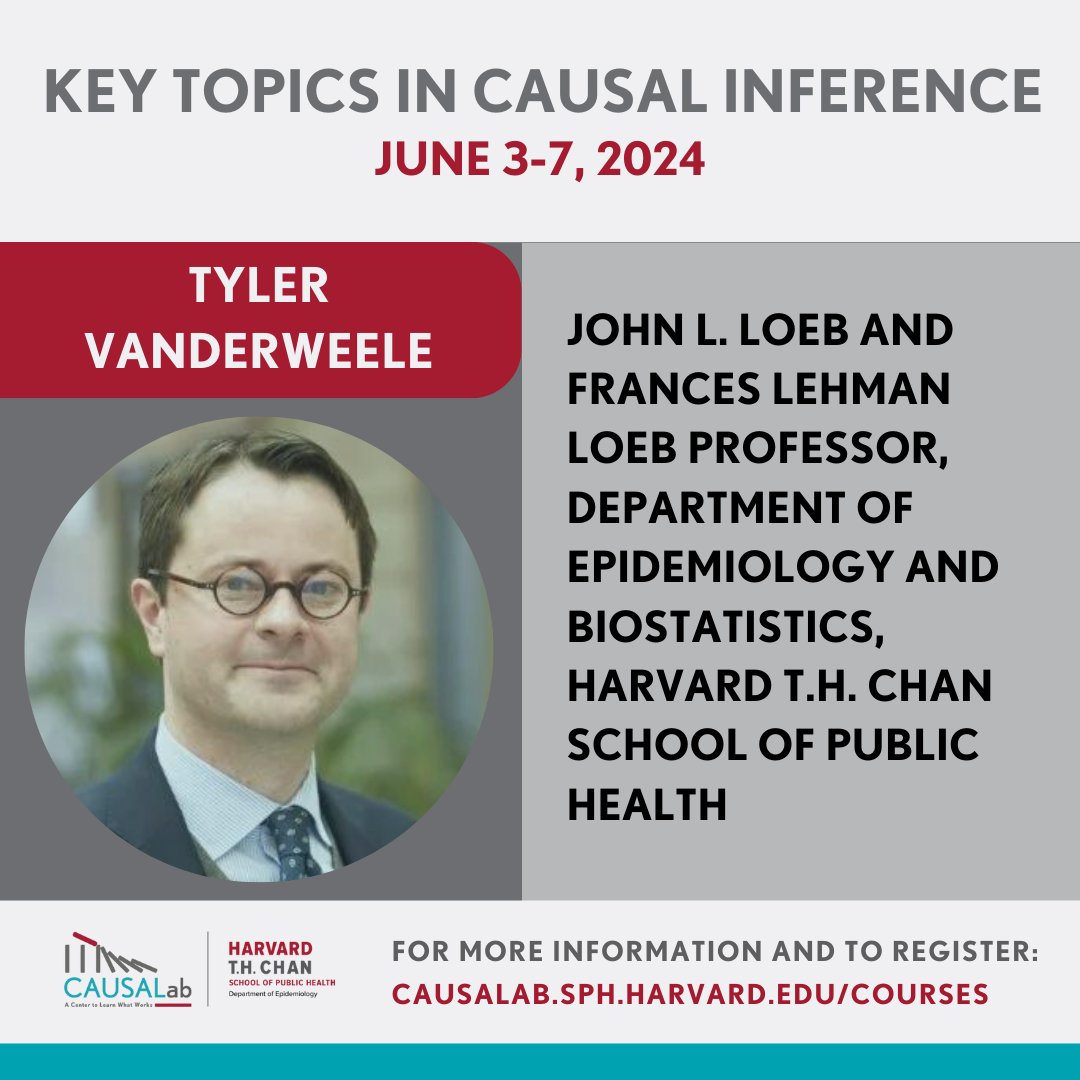 Tyler VanderWeele, PhD is the final instructor for Key Topics in Causal Inference (KTCI)! John L. Loeb and Frances Lehman Loeb Prof. @HarvardEpi @HarvardChanSPH, he researches association & causation methodology. Register for KTCI with Tyler: causalab.sph.harvard.edu/courses/