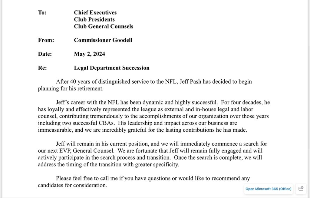 The NFL’s lead attorney, Jeff Pash, will retire “after 40 years of distinguished service to the NFL”, Commissioner Roger Goodell wrote in a memo sent today to all teams.