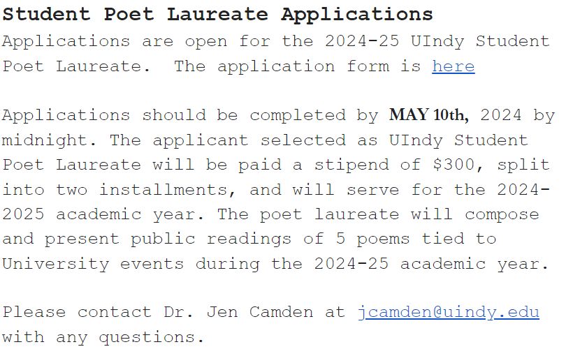 Attention @UIndy poets! We've extended the deadline to submit applications to serve as the UIndy Student Poet Laureate next year. And thanks to our outgoing student poet laureate, Sarinitty Woodruff, for her excellent work this year! Apply here: buff.ly/44q1R76