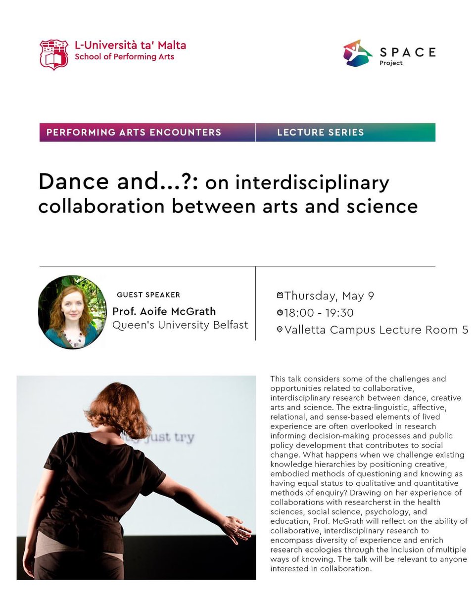 Honoured to have been invited to the School of Performing Arts @MALTAUNIVERSITY as visiting @EUErasmusPlus Professor. I’m delivering a public lecture on interdisciplinary collaboration between dance & science - very excited to spend time with @Paula_Guzzanti & colleagues 💃👇