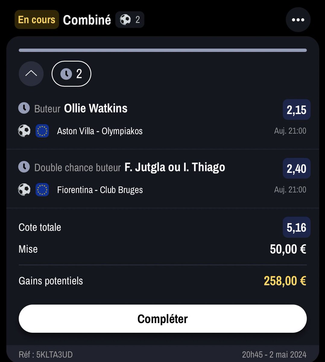 Combiné 21h00 - UEL 🇪🇺 Watkins + Jutgla/Thiago - 5.16 Allez bonne chance l’équipe !