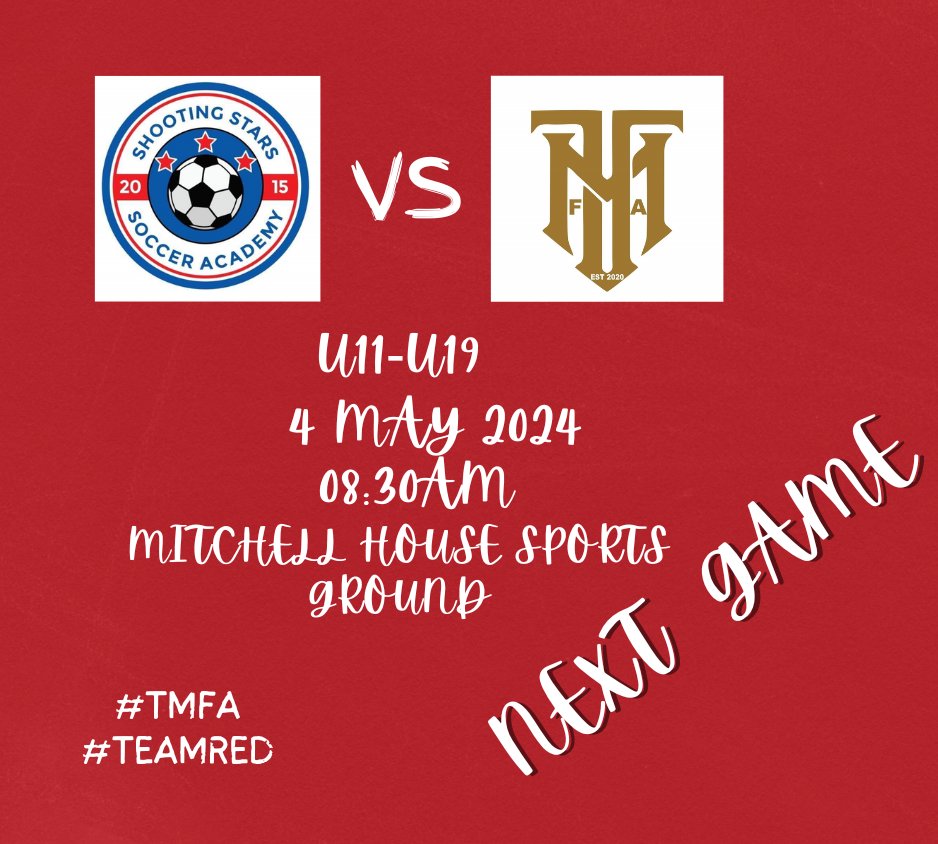 🚨 Next Game 🚨

🏆 POLFA
🆚 SSSA
👕 U11-U19
📆 4 May 2024
🏟️ Mitchell House Sports House
⌚️ 08:30
🎟️ Free entry

#TMFA 
#TeamRed 
#weriseasone