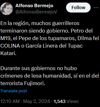 Alfonso Bermejo, militante de @NuevoPeruMov  blanquea a Petro e intuyo que no le molestaría para nada que Polay o Peter Cardenas sean presidentes de nuestro  país 🇵🇪. No importa que el MRTA, haya perseguido homosexuales, ni secuestrado ni asesinado. Nos están ganando el relato.