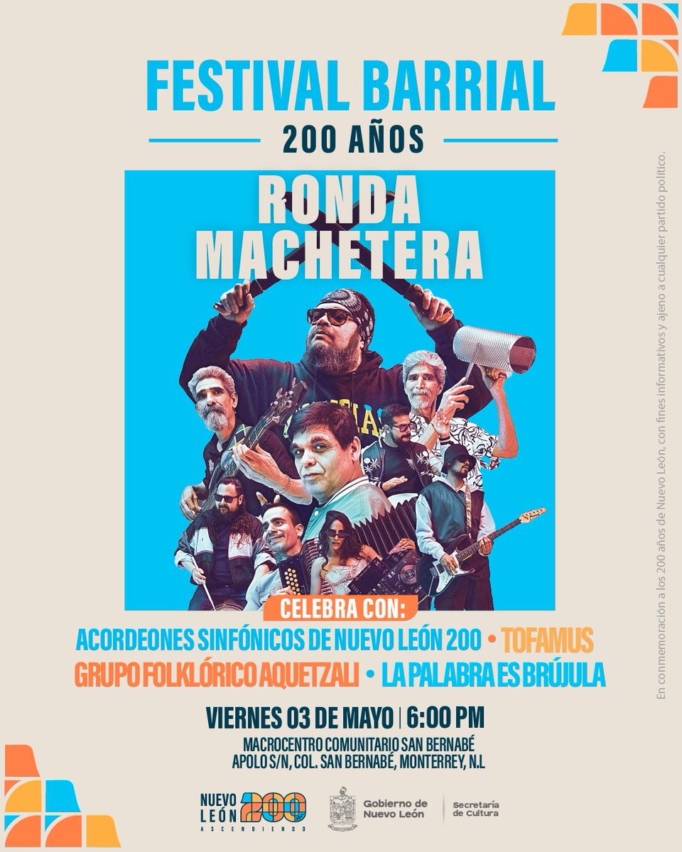 El mejor plan para este viernes es bailar y cantar con la cumbia y hip hop de la Ronda Machetera en la celebración de nuestros #200AñosNL. Nos vemos a las 6 PM en San Bernabé. 😎🎵🪗