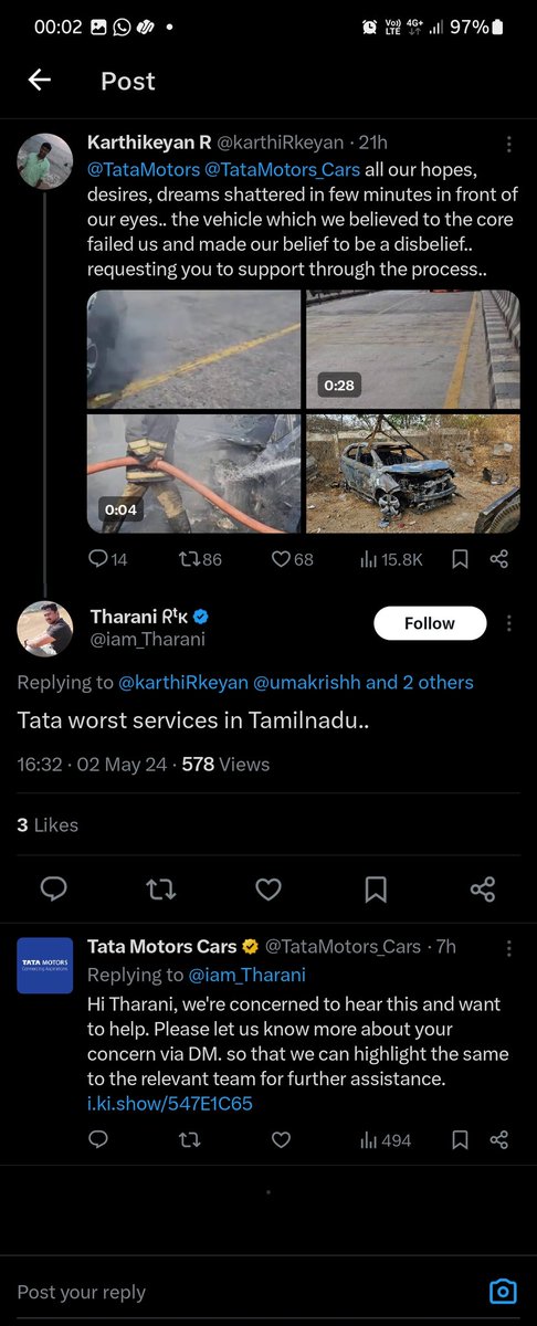 karthiRkeyan's tweet image. @TataMotors_Cars @TataMotors @RNTata2000 Tata motors i dono what takes you do this or kind of service you provide, i have reported a total loss, fire issue, you didn&apos;t even have time to check with me or leave me a reply till now, even after dropping an email to your support team,
