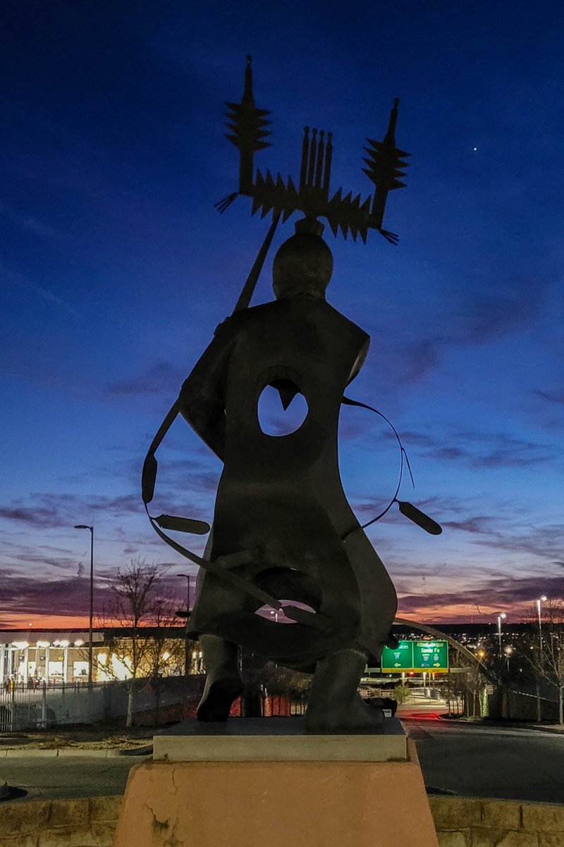 Apache Crown Dancer statue and #sunset at the #Albuquerque International Sunport rental car terminal.

#NewMexico #travel #roadtrip #daytrip #weekendgetaway #seetheworld