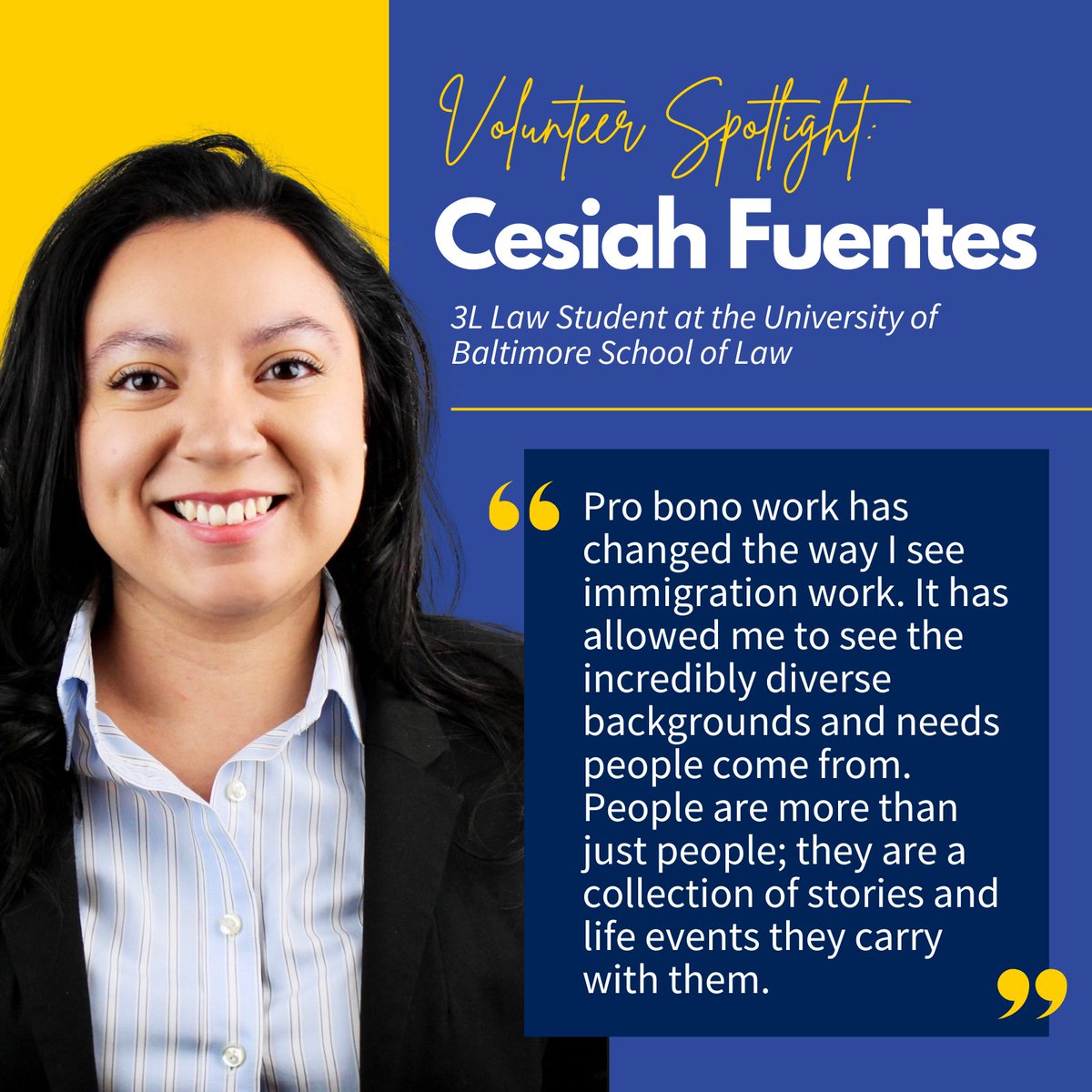 Pro Bono Resource Center of Maryland (@pbrcmd) on Twitter photo Get to know Cesiah Fuentes, a 3L law student at <a href="/ubaltlaw/">University of Baltimore School of Law</a>! Read more about Cesiah’s volunteer experience and how she has balanced pro bono work with her studies, and why she will continue to do so as she starts her career: probonomd.org/volunteer-prof…. Get to know Cesiah Fuentes, a 3L law student at <a href="/ubaltlaw/">University of Baltimore School of Law</a>! Read more about Cesiah’s volunteer experience and how she has balanced pro bono work with her studies, and why she will continue to do so as she starts her career: probonomd.org/volunteer-prof….