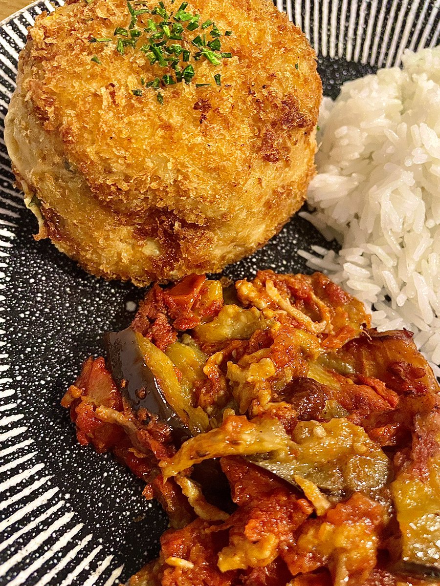 Crab cake with rice and aubergine parmigiana🦀🍆