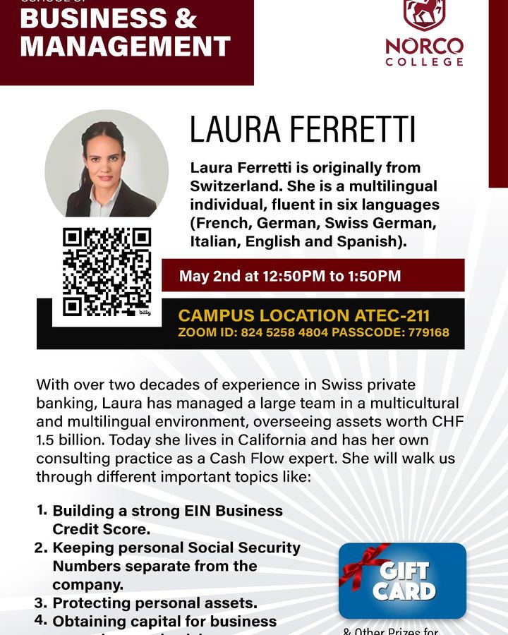 The School of Business & Management is hosting Laura Ferretti has over two decades of experience in Swiss private banking, managed a large team in multicultural and multilingual environment overseeing assets worth CHF 1.5 billion. Join us! When: 12:50-1:50pm, Where: ATEC-211