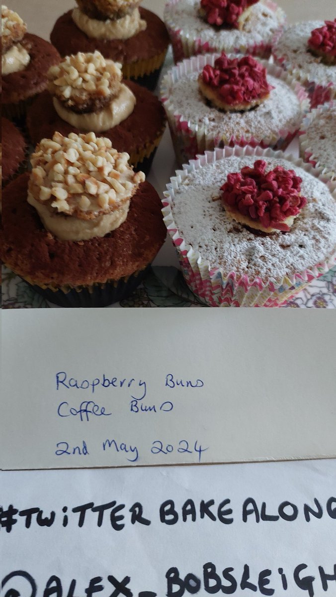 Raspberry Buns - with raspberry conserve & freeze dried raspberry pieces.  Coffee Buns - with a dusting of dark cocoa powder, a Tia Maria & coffee buttercream, topped with toasted chopped hazelnuts.  😀
#TwitterBakeAlong @thebakingnanna1 @Rob_C_Allen @marybethxx6