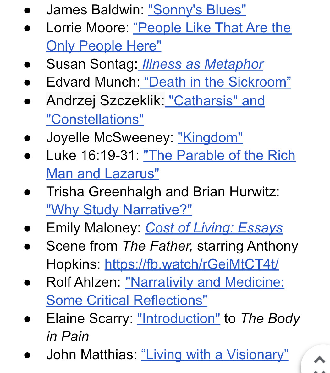 Just finished updating the list of texts we read in my course 'Writer as Physician; Physician as Writer' for my students to reference when writing their final exam, and thought I would share it with y'all. They are listed in the order we read them. #narrativemed #medhum