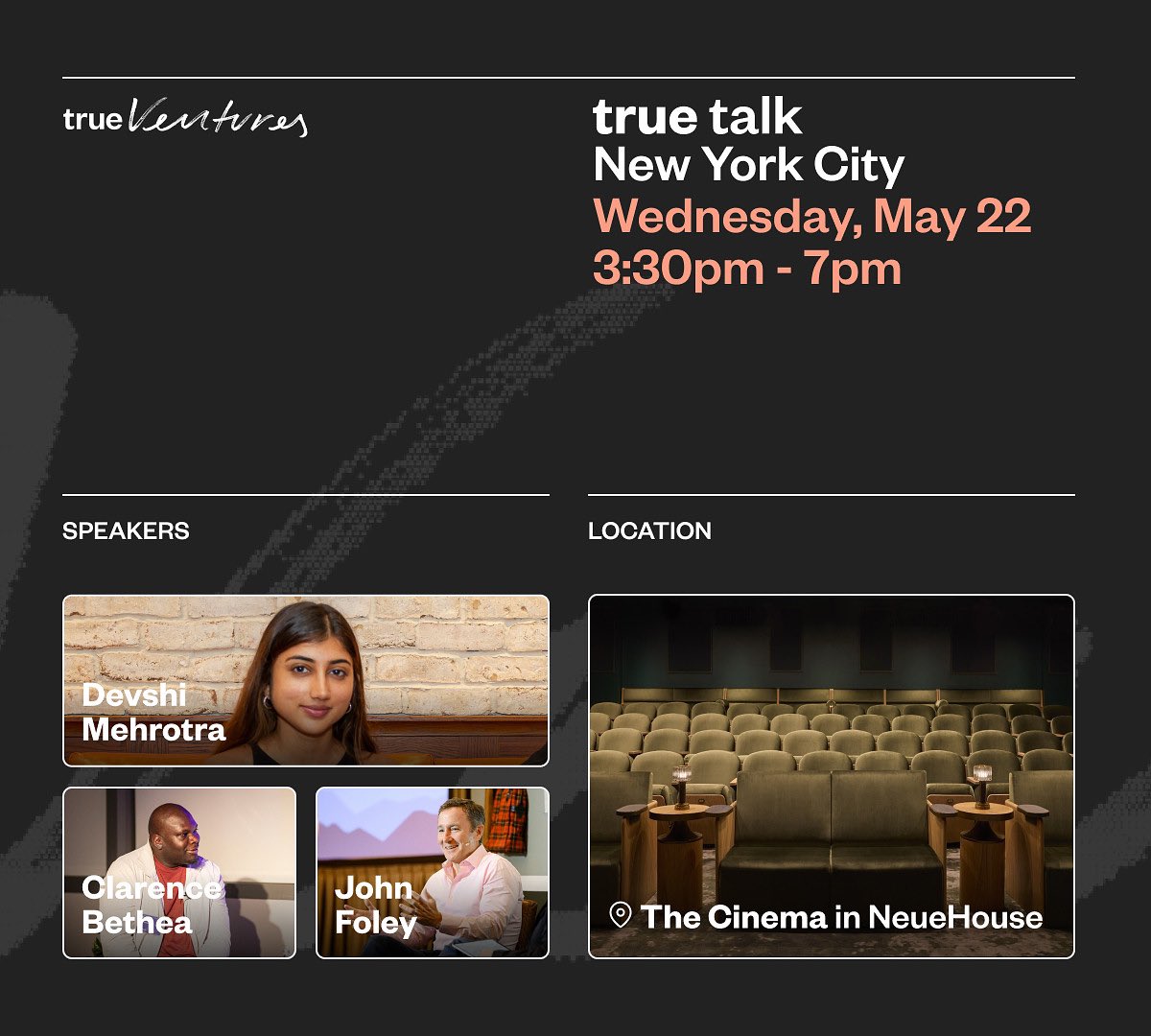 If you’re in or around NYC, join us for our next #truetalk NYC on May 22nd. Excited to have @DevshiMehrotra & @keylargofoley join us for a REAL talk. Register here: trueventures.typeform.com/to/H8vBqz1h