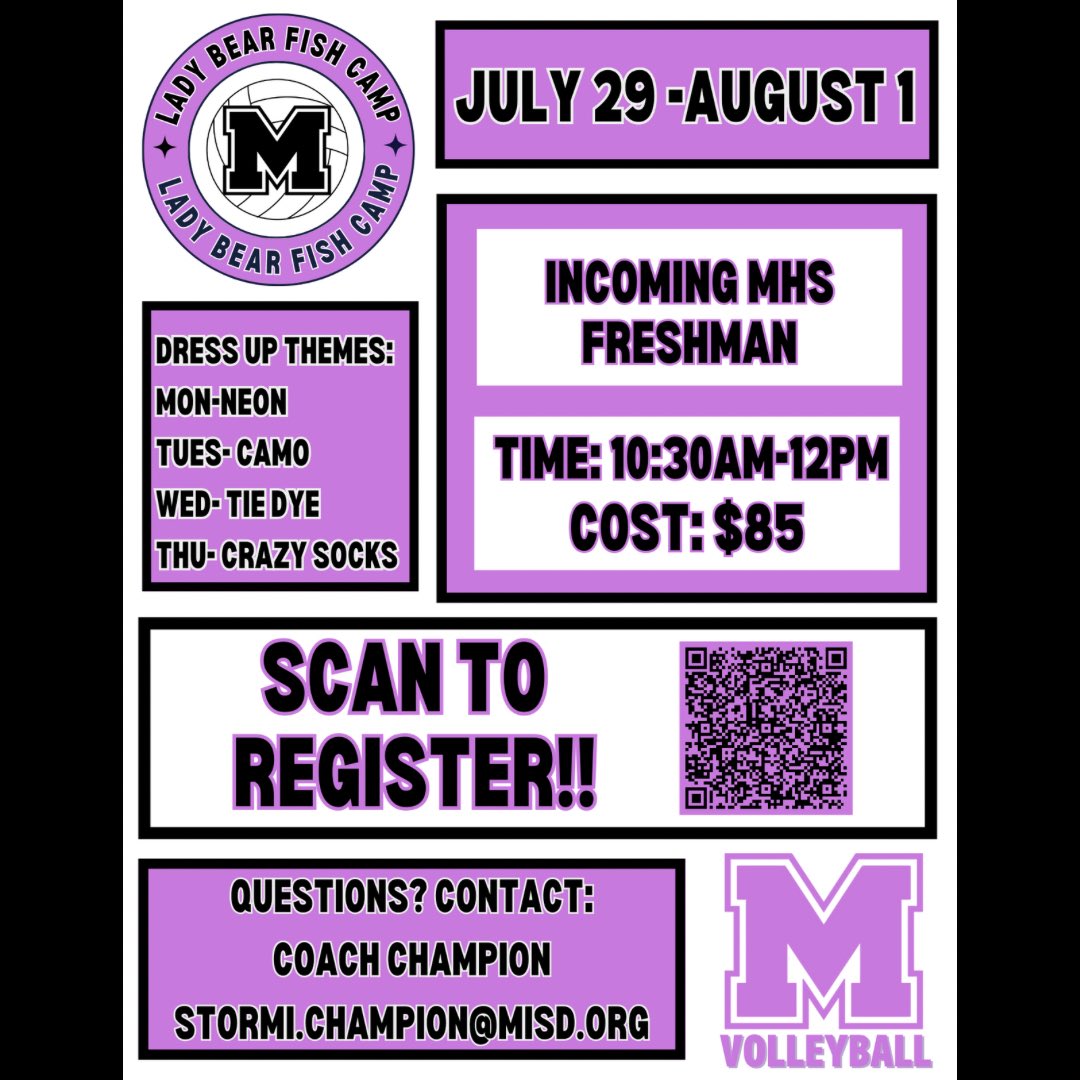 Are you an incoming freshman to MHS?? Do you intend to tryout for volleyball in the fall?? Join us for Fish Camp!! 

Register now!