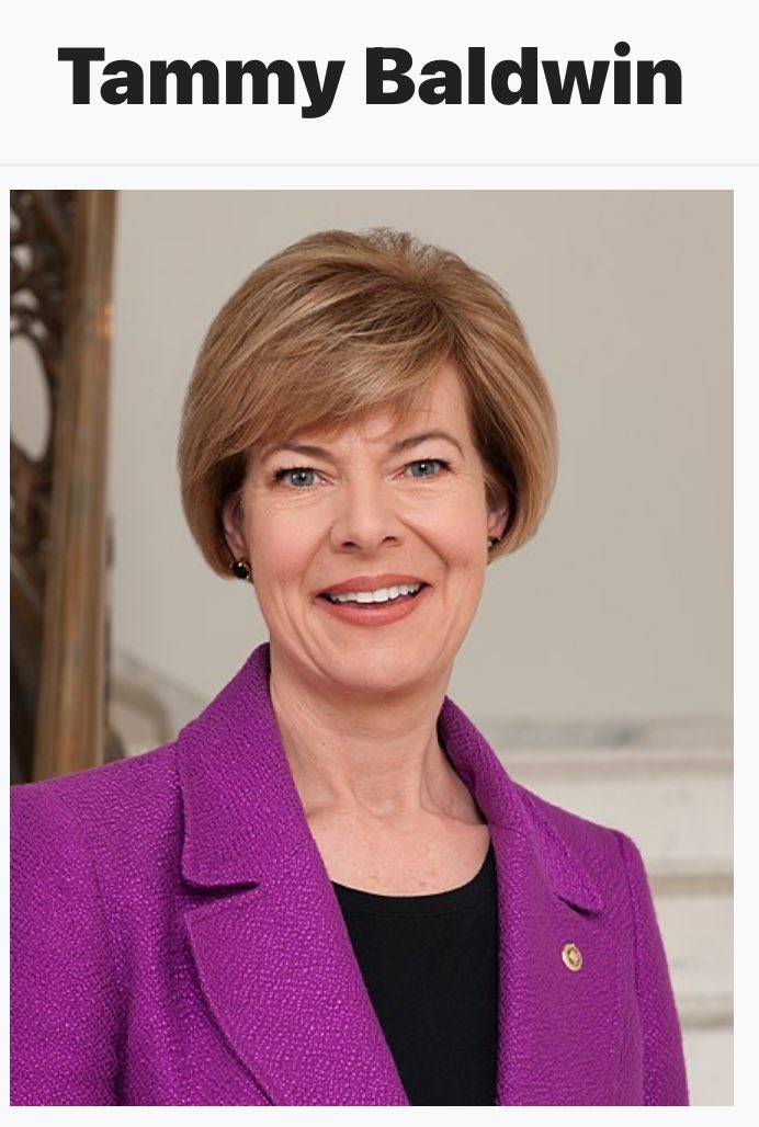 Tammy Baldwin is an American Politician and Attorney who served as the
Junior U.S. Senator from Wisconsin since 2013.

In her 3 terms she was effective in representing her constituents.
Vote @TammyBaldwin
#ProudBlue
#Allied4Dems