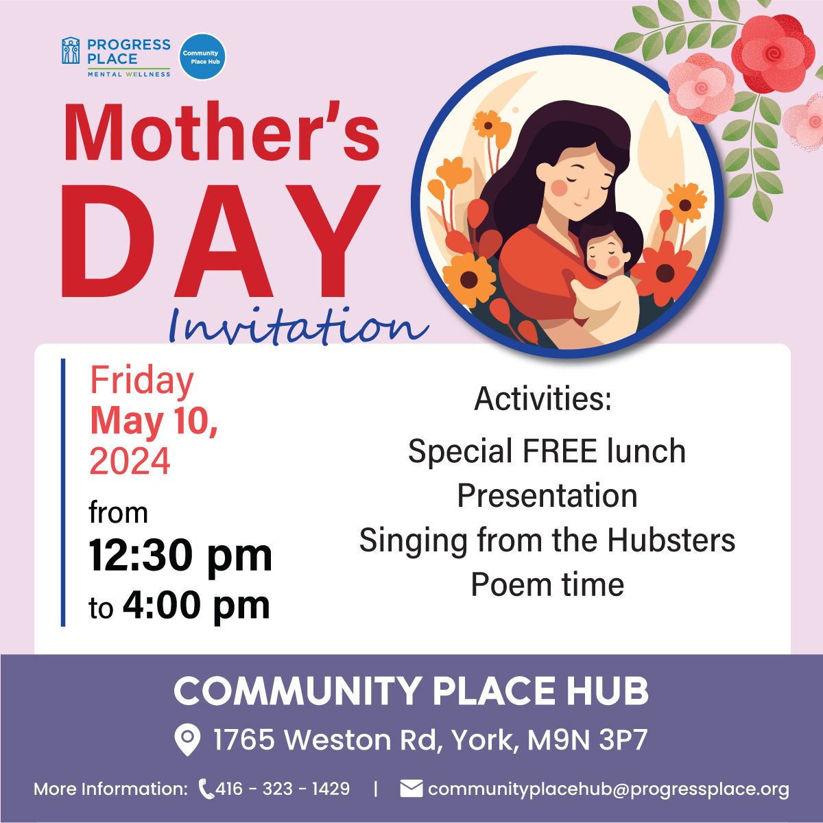 Come and Join us! Mother's Day Gathering. 🗓️Friday, May 10, 2024 ⏰12:30 pm onwards 📍Location: 1765 Weston Road, York, M9N 3P7 Everyone is welcome! ℹ️ For more information: 416-323-1429