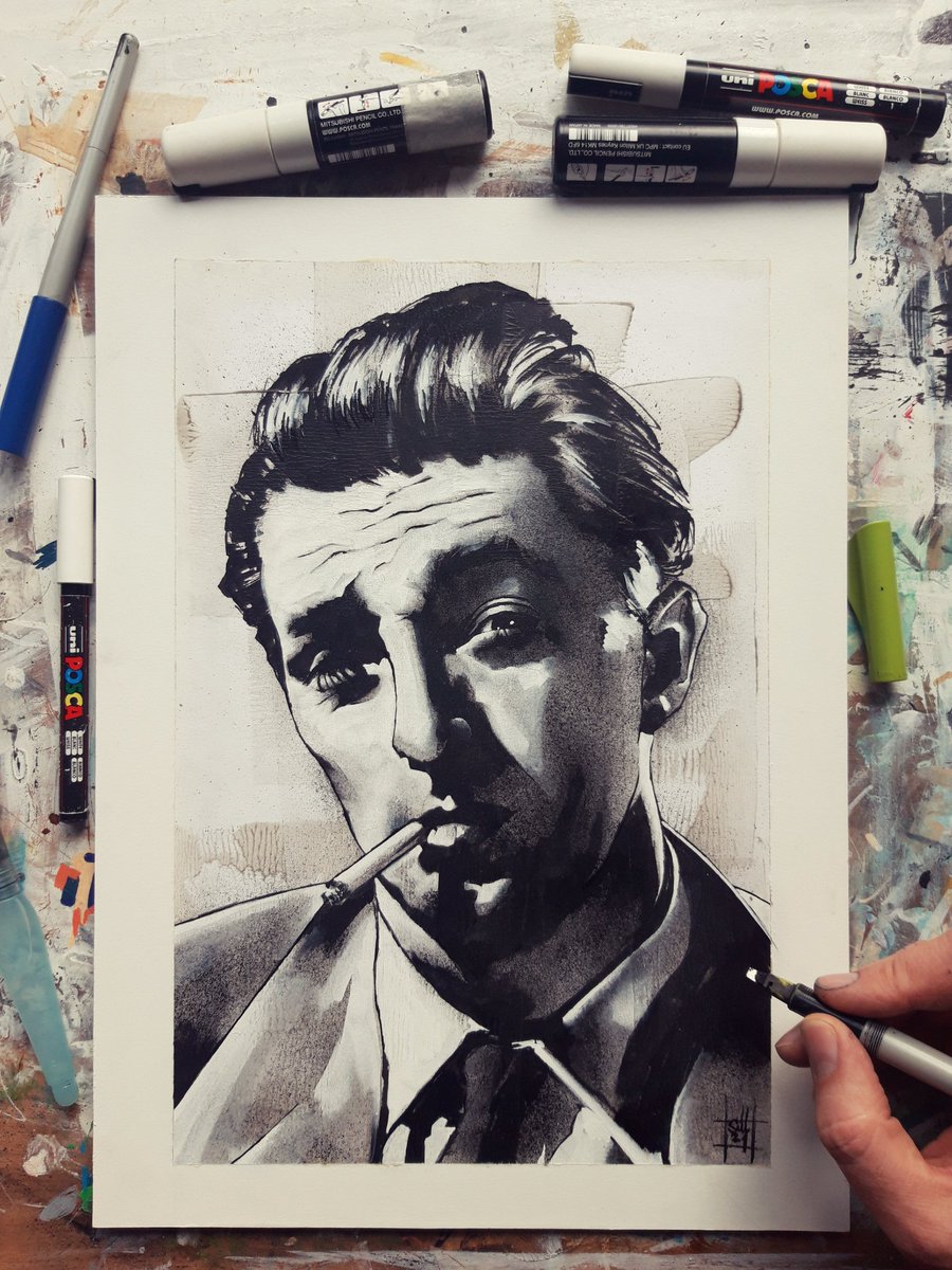 The finished painting from yesterday's process video.
Ink and acrylic on illustration board. 
#robertmitchum #portrait #blackandwhiteart #acrylicpainting #traditionalart