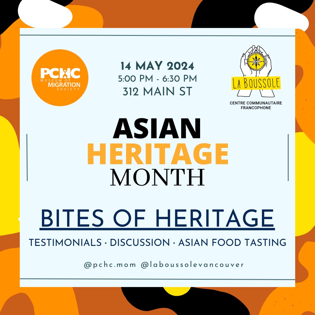 On May 14th we are partnering with @LaBoussoleBC to host a learn-by-tasting workshop to celebrate #AsianHeritageMonth 2024. Speakers with Persian, Chinese-Canadian, Vietnamese, and Chinese-French backgrounds will present dishes from their heritage. Join us eventbrite.ca/e/fragments-de…