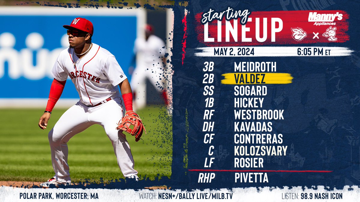 It's a beautiful day to play ball ☀️ 🆚 @IronPigs 📍 Worcester, MA ⏰ 6:05pm ET 📺 NESN+ / Bally Live / MiLB.TV 📻 @NashIcon989