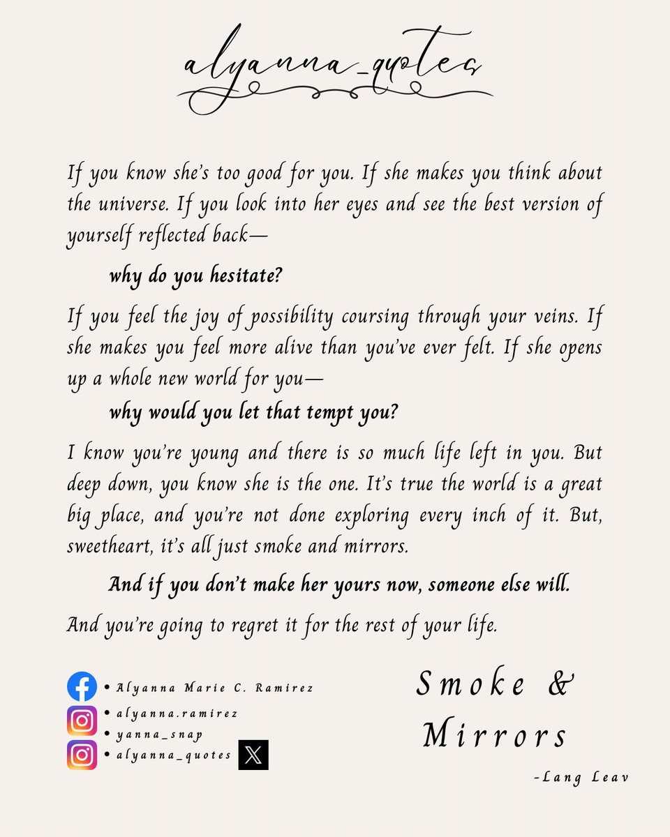 #alyannaquotes #alyannaedits #follow #fyp #Quotes #Life #Beautiful #Poem #Poetry #BookPoetry #PoetryLover #Book #Books #Reading #Read #SeaOfStrangers #LangLeav #SmokeandMirrors #Universe #BestVersionofYourself #QuotesAboutLove #QuotesAboutLoveAndLife #WholeNewWorld #Young #TheOne