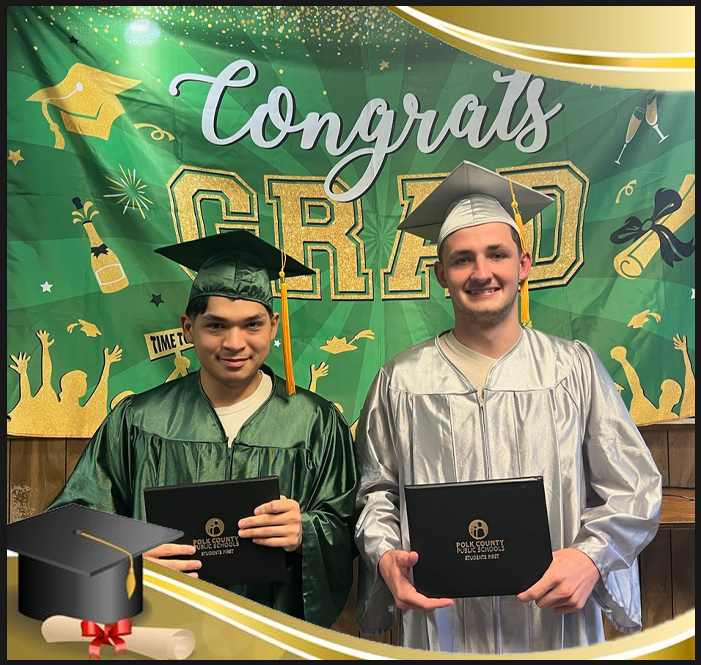 The #PCSO would like to congratulate Bryann Charles (left) and Samuel Crain (right). 

Bryan and Samuel (and one other) have earned their high school diploma during their stay at the Polk County Jail. 🧑🏽‍🎓👏🏽

#WayToGo  
#GladGrads 
#StepsForSuccess