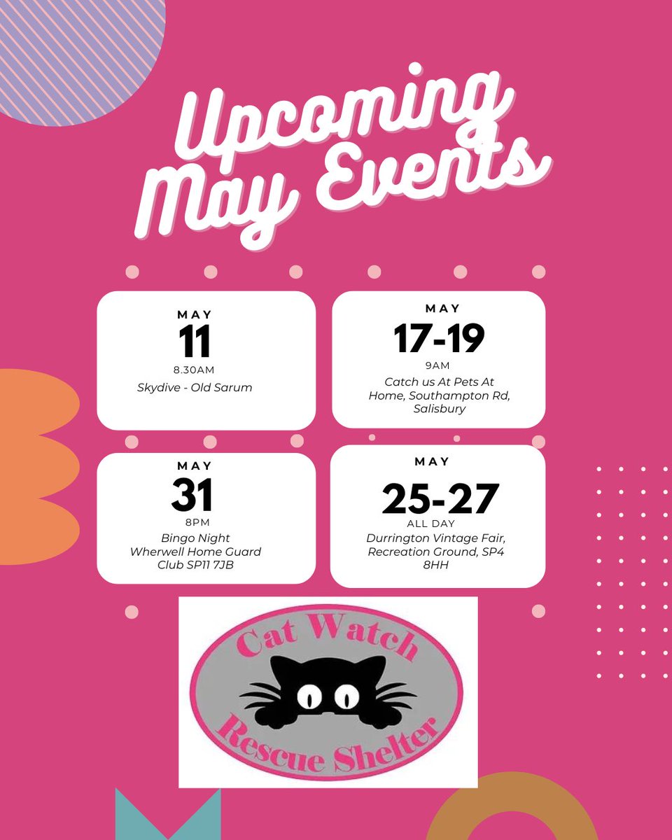 May Events For your Diary We hope to see you there 😻 #skydive #greatcause #catcharity #fundraising #prizes #tombola #toys #fundraiser #rescuecats #animalrescue #catlovers #event #comeandmeetus