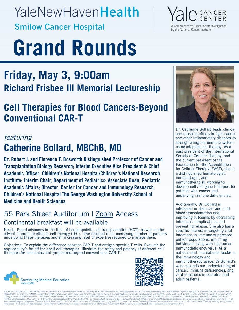 Tomorrow at 9am, Catherine Bollard, MD, MBChB, @ChildrensNatl will join us for #GrandRounds / Richard Frisbee, III, Memorial Lectureship presenting 'Cell Therapies for Blood Cancers - Beyond Conventional CAR-T.' Join us in Smilow Auditorium or online via Zoom:…