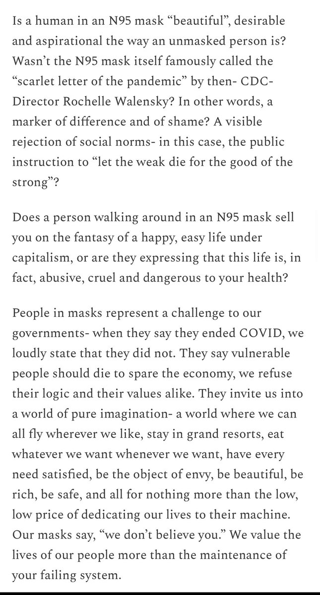 Understand that all the anti mask bullshit, all of it, has been about preserving the status quo. It has been about back to “normal”, a normal that is violent, murderous, and cruel. They lied & pried a tool for safety from your hands. Reject their normal. thegauntlet.news/p/a-world-of-p…