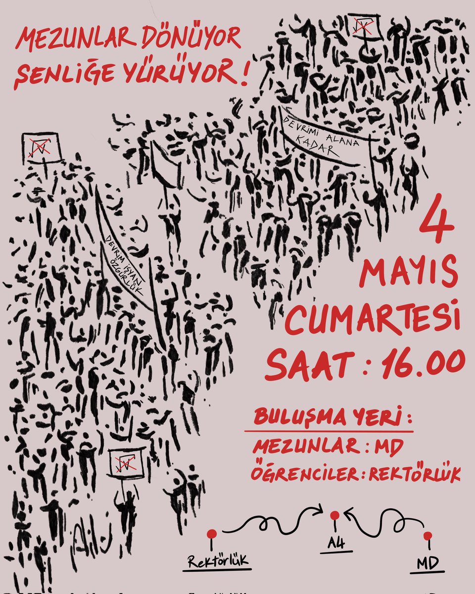 TÜM ODTÜ ÖĞRENCİLERİNE VE MEZUNLARIMIZA ÇAĞRIMIZDIR! 4 Mayıs Cumartesi saat 16.00’da nöbetimizin onuncu gününde hep beraber A4 kapısında buluşup rektörlüğe Devrim Sahnesi için yürüyoruz. Öğrenci mezun el ele, birlikte Şenliğe! #DevrimiAlanaKadar