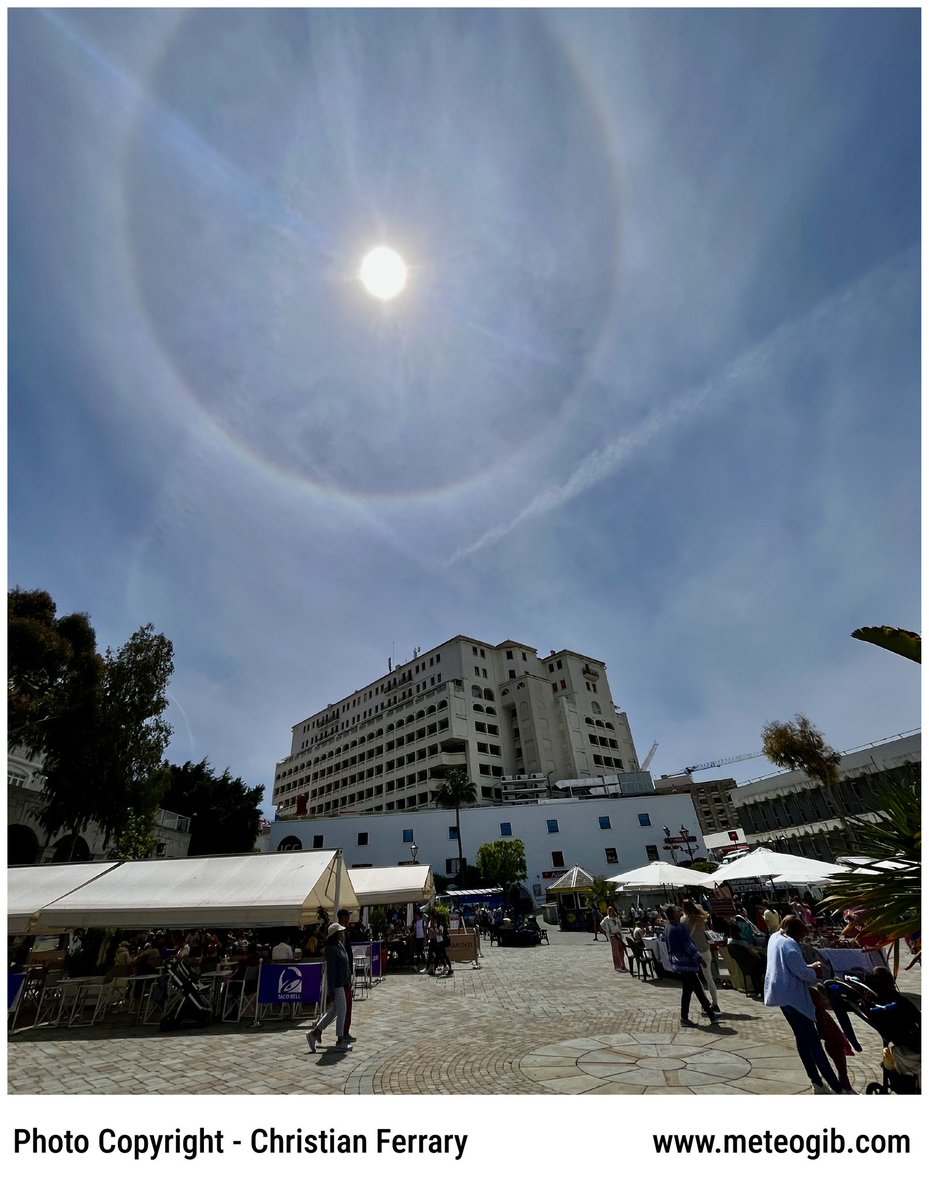 #Gibraltar - 02/05 - another view of that lovely 22° #Solar #Halo this afternoon, this one by MeteoGib follower Christian Ferrary - with plenty of high cirrus clouds spreading in after a sunny start, giving hazier sunshine - with gentle or moderate Westerly breezes, Max 20.8C.