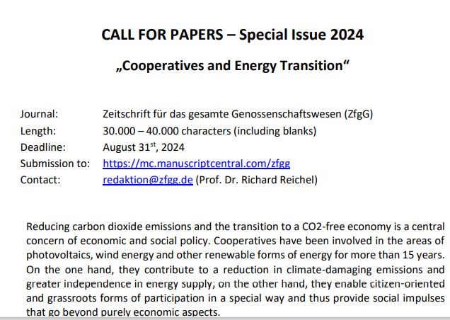 📢CALL FOR PAPERS 📢 Are you passionate about cooperatives and energy transition? The Zeitschrift für das gesamte Genossenschaftswesen (ZfgG) invites submissions for its Special Issue 2024 on 'Cooperatives and Energy Transition.' Submission 👉 mc.manuscriptcentral.com/zfgg
