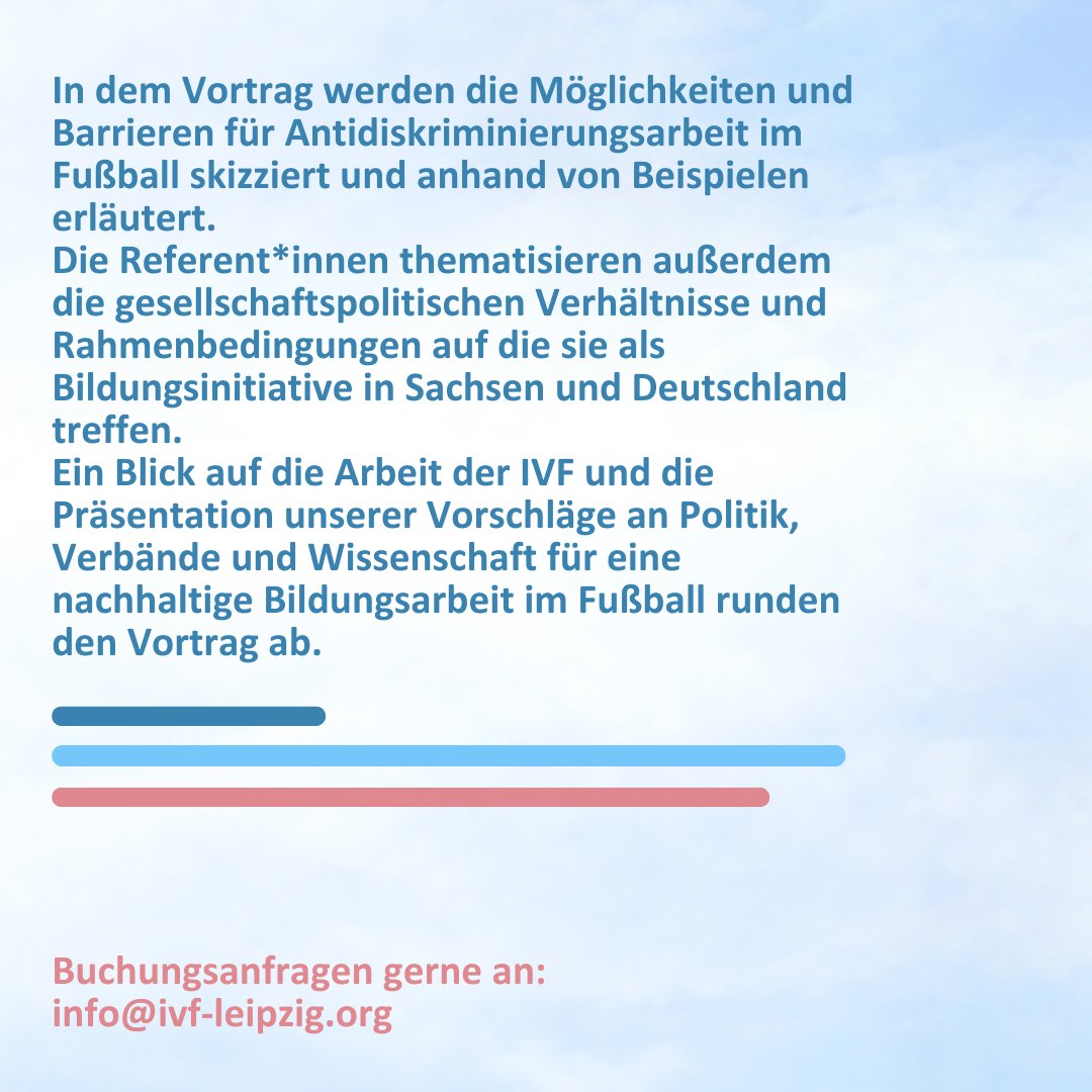IVF Leipzig (@ivfleipzig) on Twitter photo Vortrag: Auf dem Platz sind alle gleich?
Antidiskriminierungsarbeit im (sächsischen) Fußball - Rahmenbedingungen, Potentiale und Barrieren.
Buchungsanfragen gerne an: info@ivf-leipzig.org
#ivfleipzig #einvereinfüralle #fussball #sachsen #EM2024 Vortrag: Auf dem Platz sind alle gleich?
Antidiskriminierungsarbeit im (sächsischen) Fußball - Rahmenbedingungen, Potentiale und Barrieren.
Buchungsanfragen gerne an: info@ivf-leipzig.org
#ivfleipzig #einvereinfüralle #fussball #sachsen #EM2024