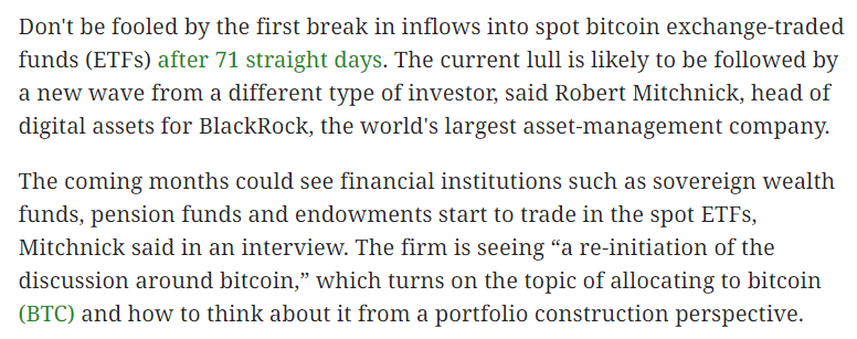🚨 BlackRock's head of digital assets says not to be fooled by the recent lack of inflows to their spot #Bitcoin ETF, and that they expect a new wave of inflows from investors including sovereign wealth funds, pension funds, and endowments.